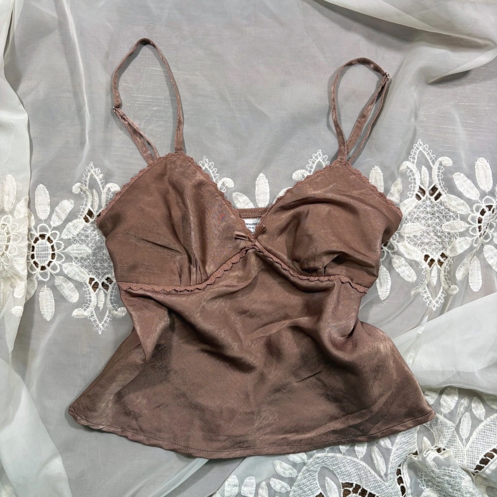 Y2K Style Babydoll No Boundaries Brown Satin Lace Trim Camisole Top Small 4-6